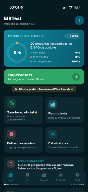 Pantalla de inicio de EIRTest con el progreso del temario