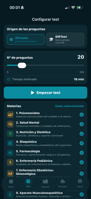 Configurar un test eligiendo bloques