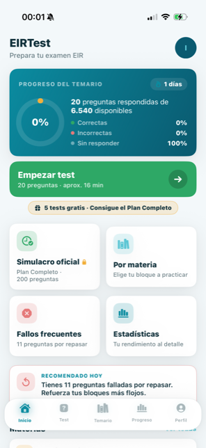 Inicio de EIRTest en modo claro